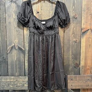 SO Y2K Babydoll Dress S Black Satin Look Sweetheart Puff Sleeves Coquette Grunge